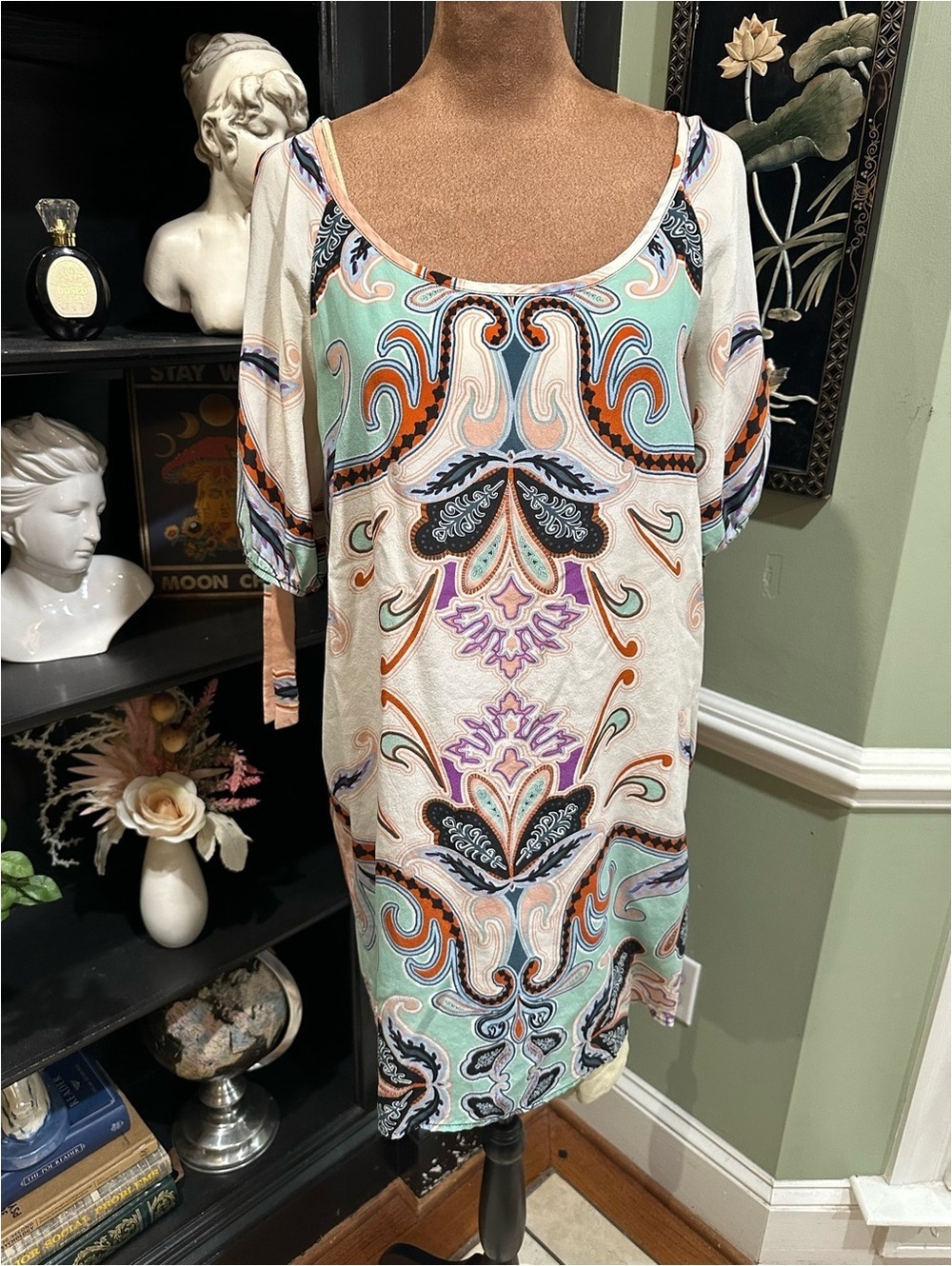 Glam 100% Silk Paisley Floral Dress with Nude Slip – Size M